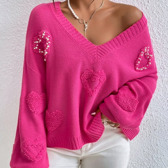 Hot Pink Casual Women's Pearls Heart Detail V-Neck Drop Shoulder Sweater - Picture 2 of 6